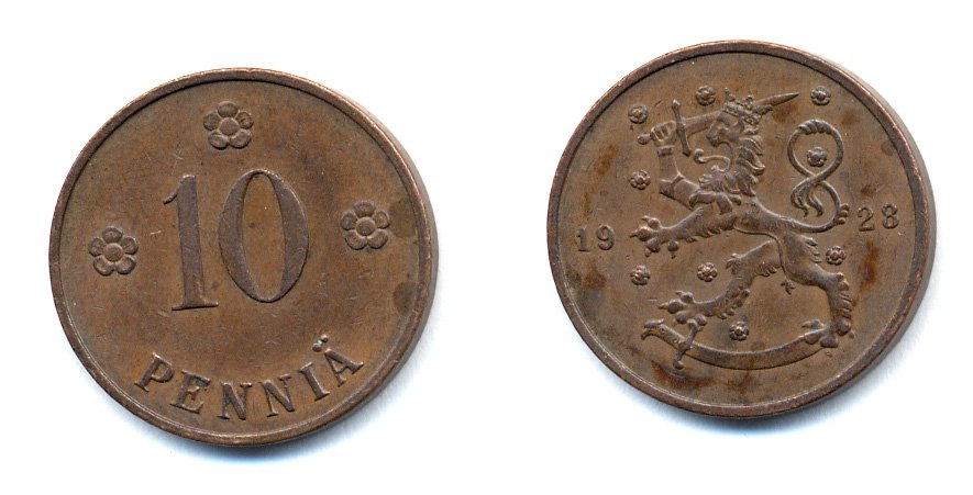 Финляндия 10 пенни 1928 республика (1918-1962) KM 24 медь 46-1632