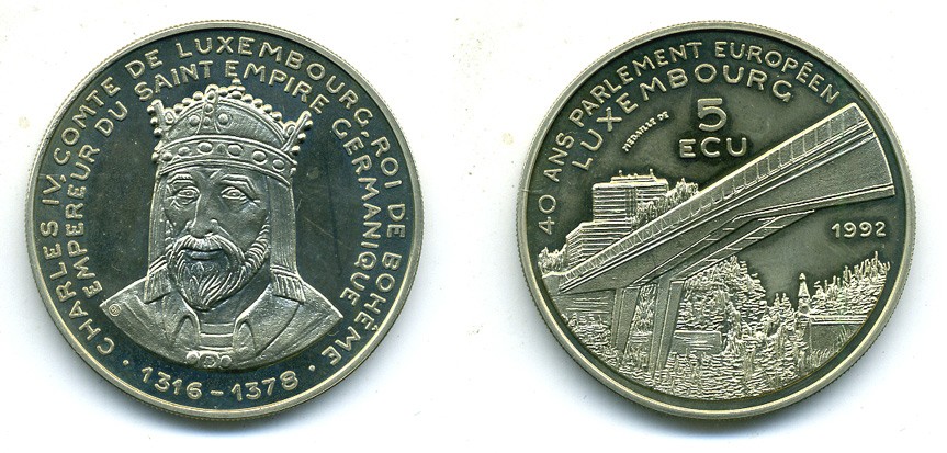 ЛЮКСЕМБУРГ 5 ЭКЮ 1992 40 ЛЕТ ЕВРОПАРЛАМЕНТА медно-никель UNC 7-5-44-13