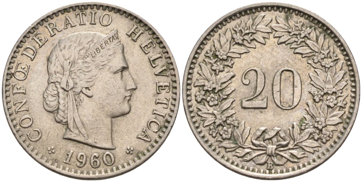 Швейцария 20 раппенов 1960 В KM 29а медно-никель 4592-915