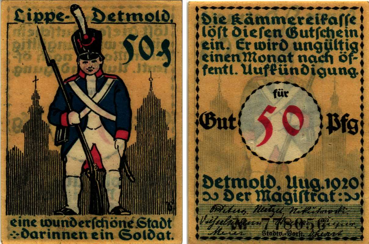 ДЕТМОЛЬД, ЛИППЕ, ГЕРМАНИЯ 50 ПФЕННИГОВ 1920 НОТГЕЛЬД, АВГУСТ 1920, ЗЕМЛЯ СЕВЕРНЫЙ РЕЙН-ВЕСТФАЛИЯ, НОМЕР ЧЁРНЫЙ ARNOLD KELLER 268.1f бумага 7523-60-3-1