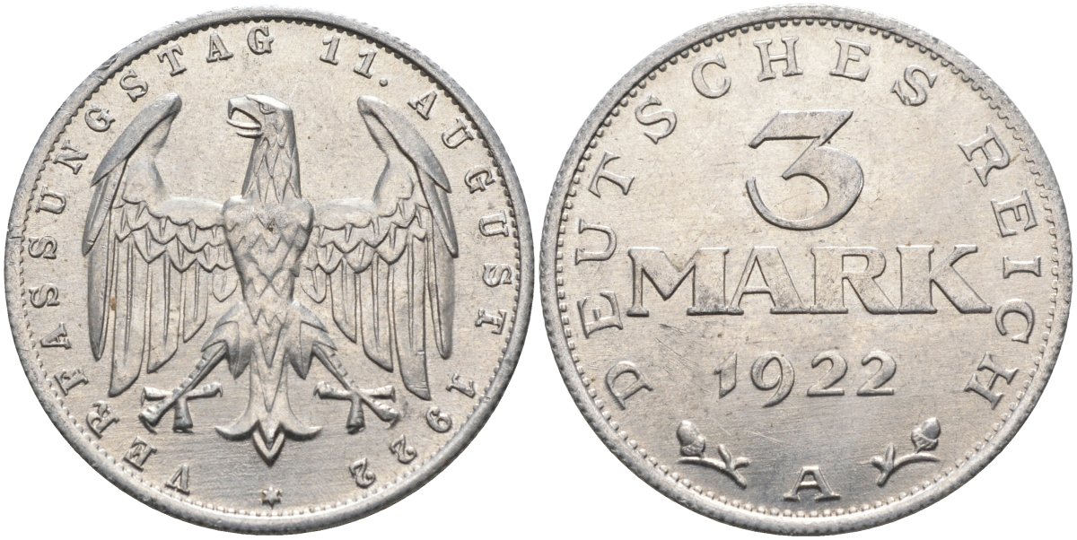 Германия 3 марки 1922 A, третья годовщина Веймарской Конституции KM 29, J.303 алюминий UNC 4587-124