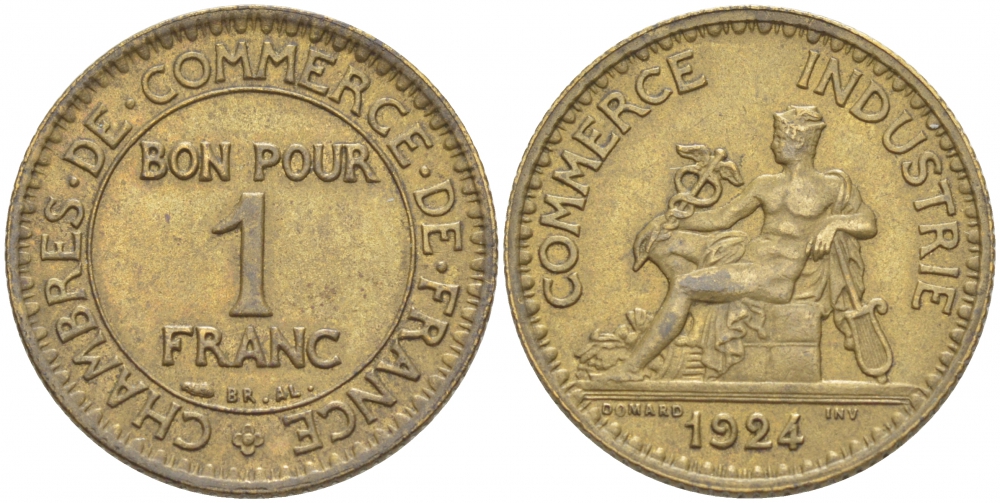 ФРАНЦИЯ 1 ФРАНК 1924 CLOSED 4 KM 876 алюминиевая бронза 4402-845