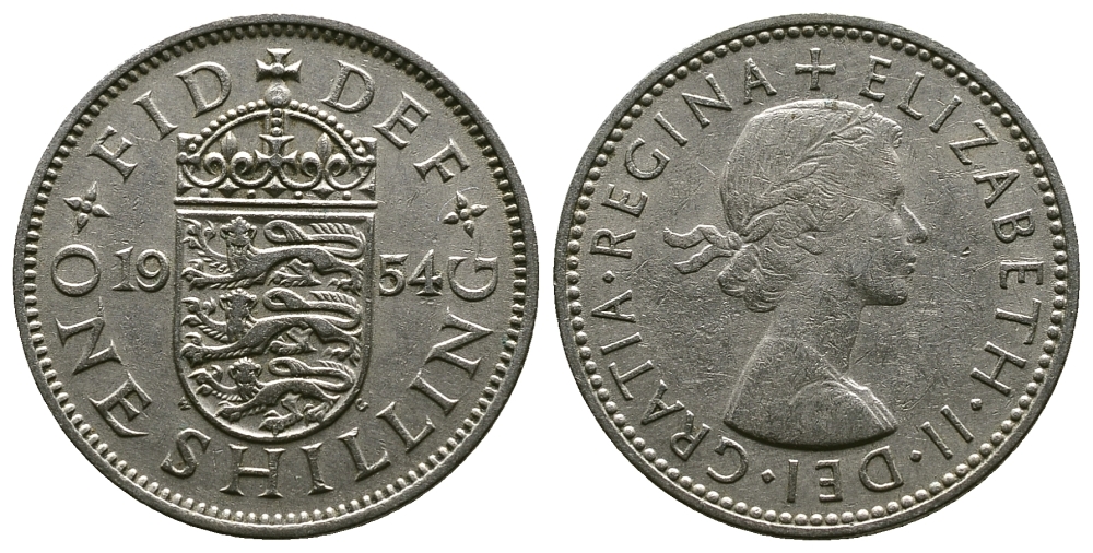 Великобритания 1 шиллинг 1954 Елизавета II (1952-2022), Английский герб KM 904, Spink 4147 медно-никель 4384-253