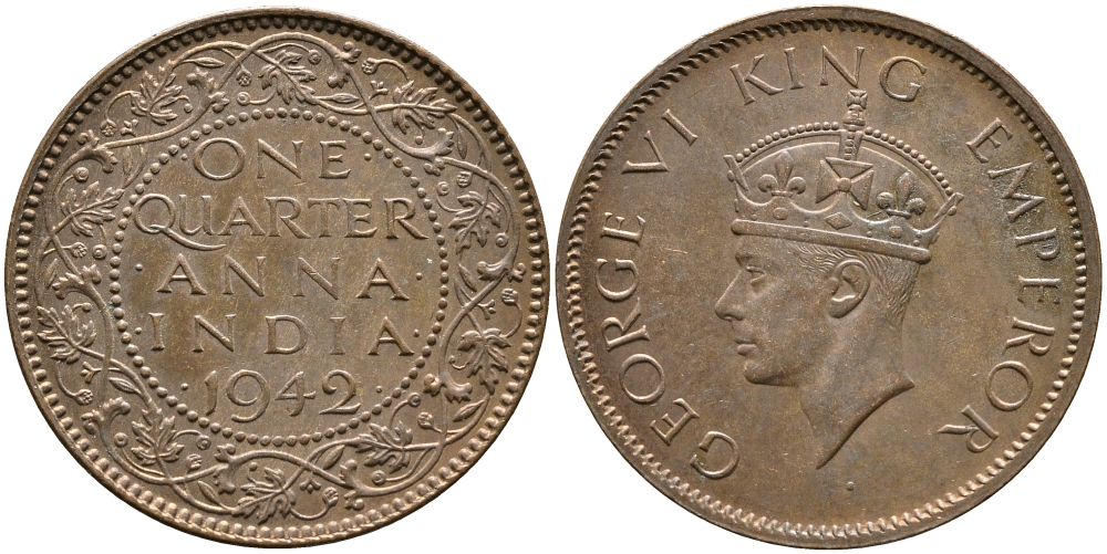 Британская Индия 1/4 анна 1942 Георг VI (1937-1952) KM 531 бронза aUNC 4110-514