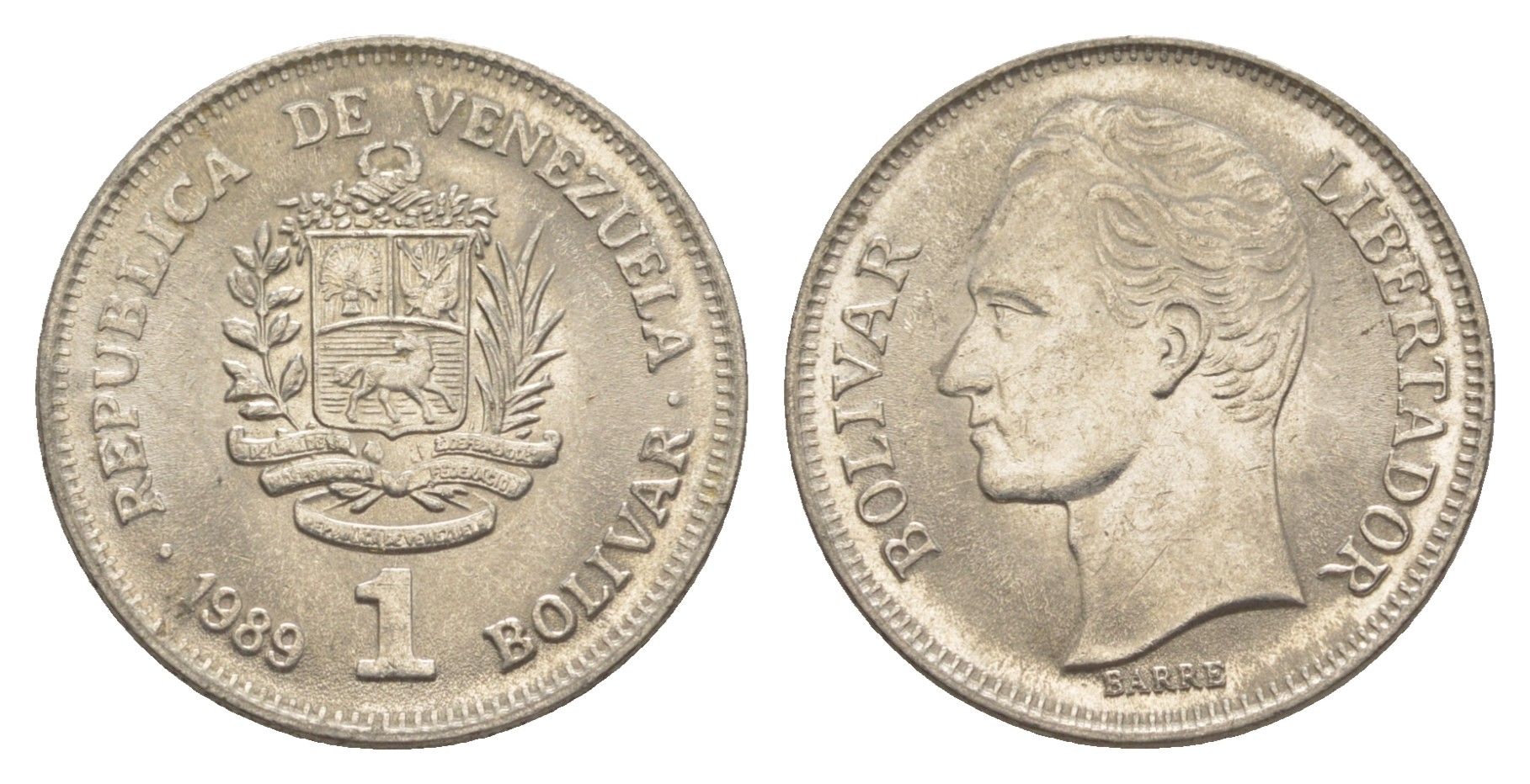 Венесуэла 1 боливар 1989 Симон Боливар, тонкий шрифт Y 52a.1 сталь плакированная никелем 4589-426
