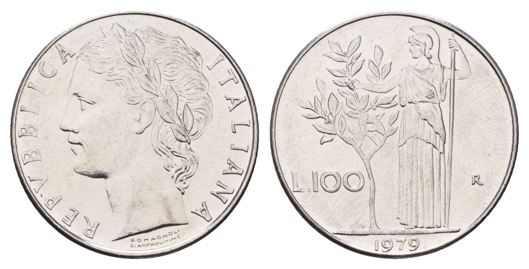 Италия 100 лир 1979 R, Афина в доспехах KM 96.1 нержавеющая сталь 4631-814
