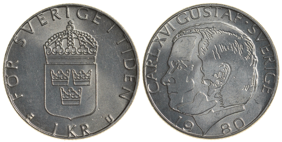 Швеция 1 крона 1980 Карл XVI Густав (1973- ) KM 852 медь плакированная медно-никелем UNC 4179-1217