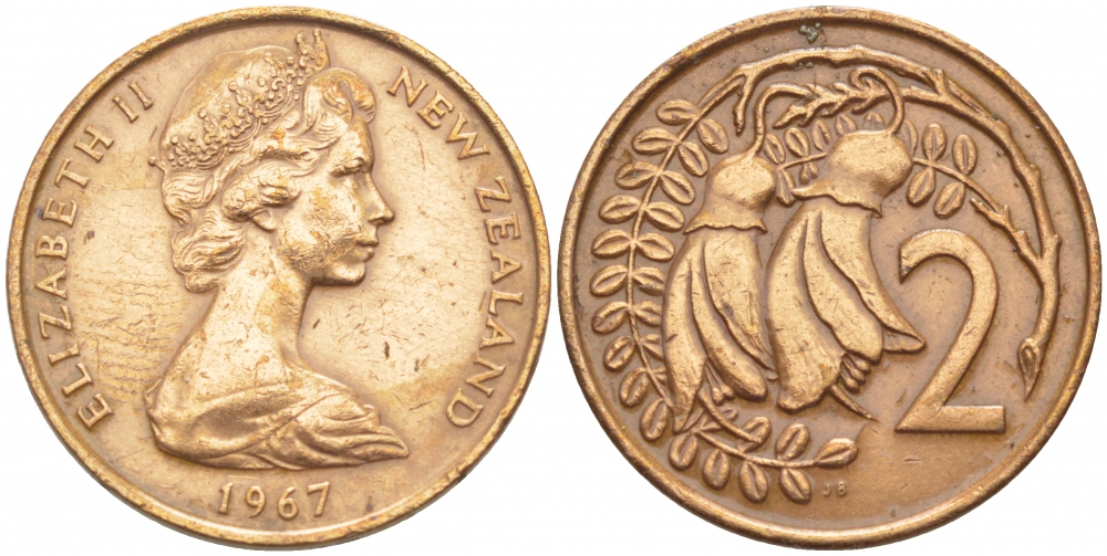 Новая Зеландия 2 цента 1967 Елизавета II (1952-2022), два цветка кохаи KM 32.1 бронза 4548-134
