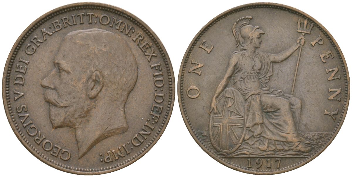 Великобритания 1 пенни 1917 Георг V (1910-1936) KM 810, Spink 4051 бронза    69-323