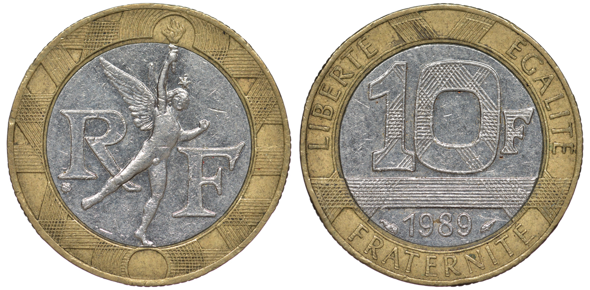 Франция 10 франков 1989 тип гений Бастилии KM 964.1, Le Franc 375.3 биметалл 45-611