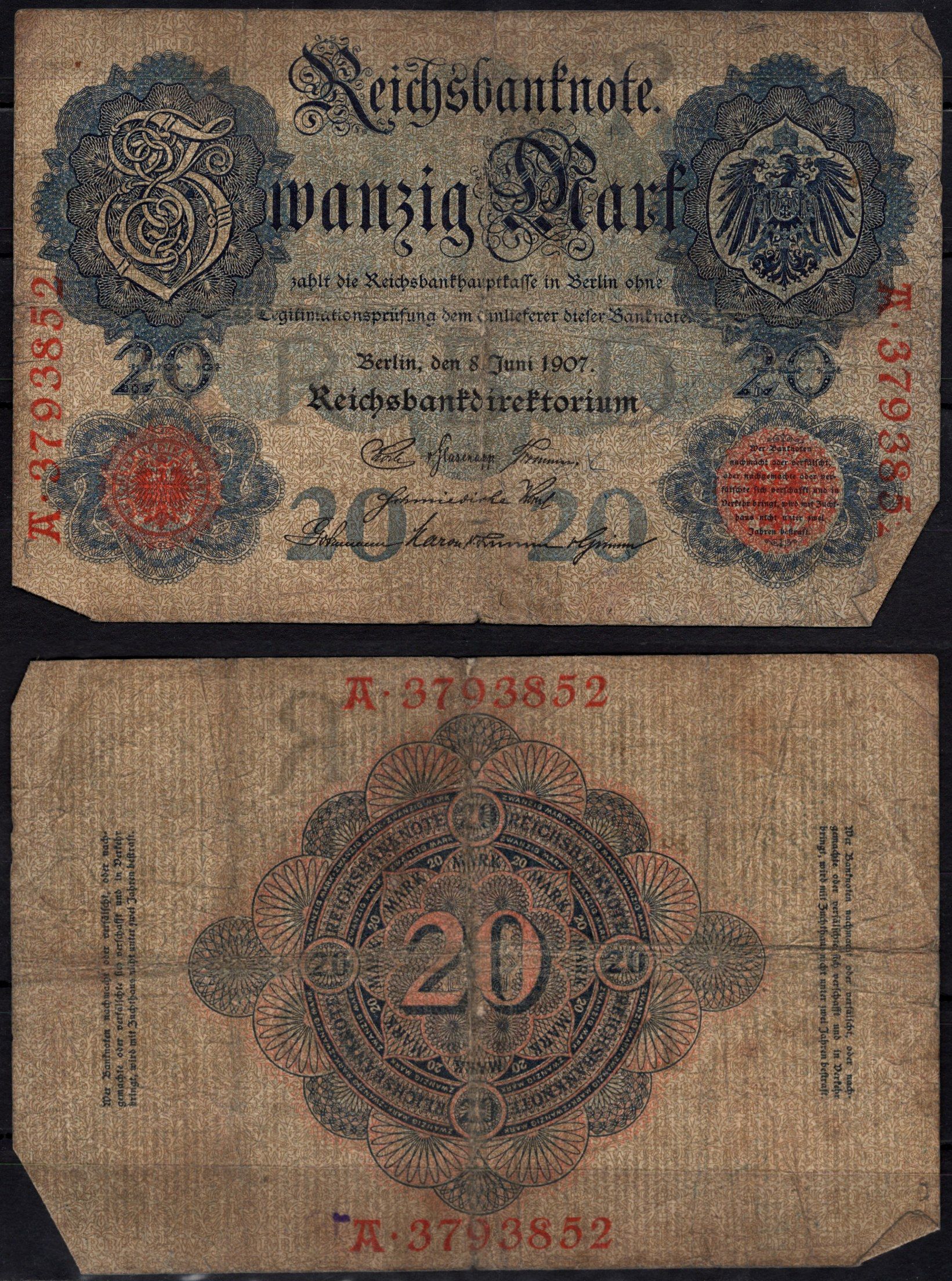 Германия 20 марок 1907 Pick 28 b бумага 6293-27-2-2
