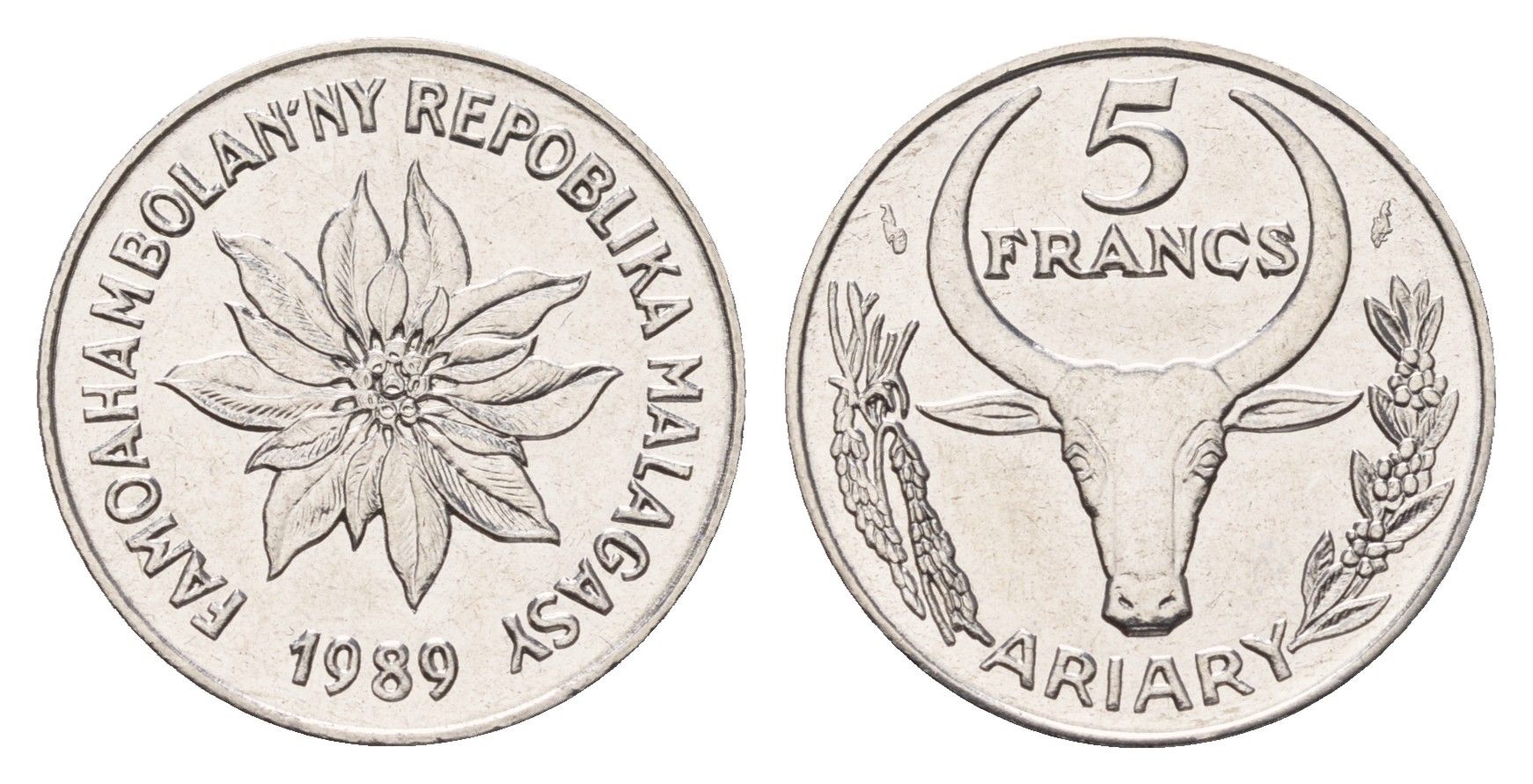 Мадагаскар 5 франков 1989 KM 10 нержавеющая сталь UNC 4669-469
