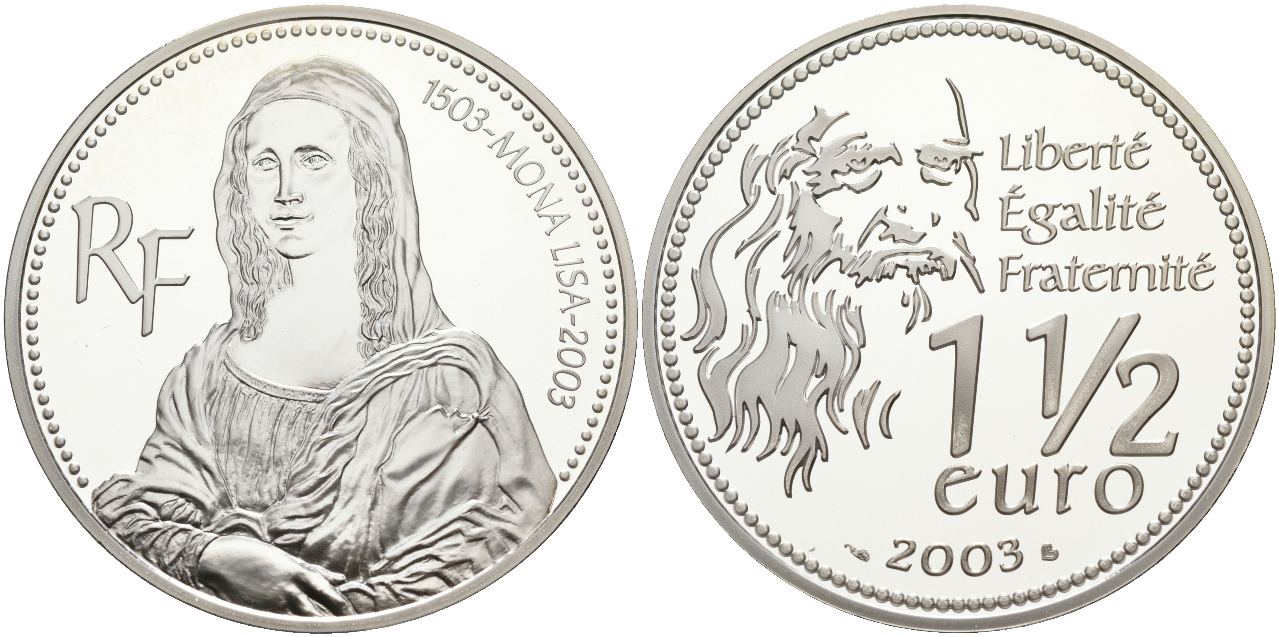 Франция 1 1/2 евро 2003 Леонардо да Винчи, портрет Моны Лизы KM 1353 серебро PROOF 02-127-31