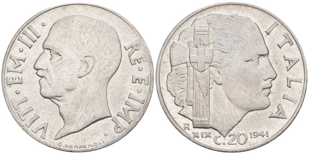 ИТАЛИЯ 20 ЧЕНТЕЗИМО 1941 R, ГОД XIX, ВИКТОР ЭММАНУИЛ III (1900-1946) KM 75b, VEM3. 1028 нержавеющая сталь 3853-913