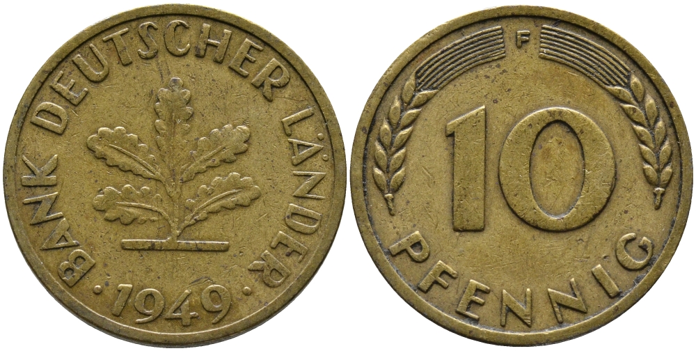 ФРГ 10 ПФЕННИГОВ 1949 F KM 103, J. 378 сталь плакированная латунью 98-524