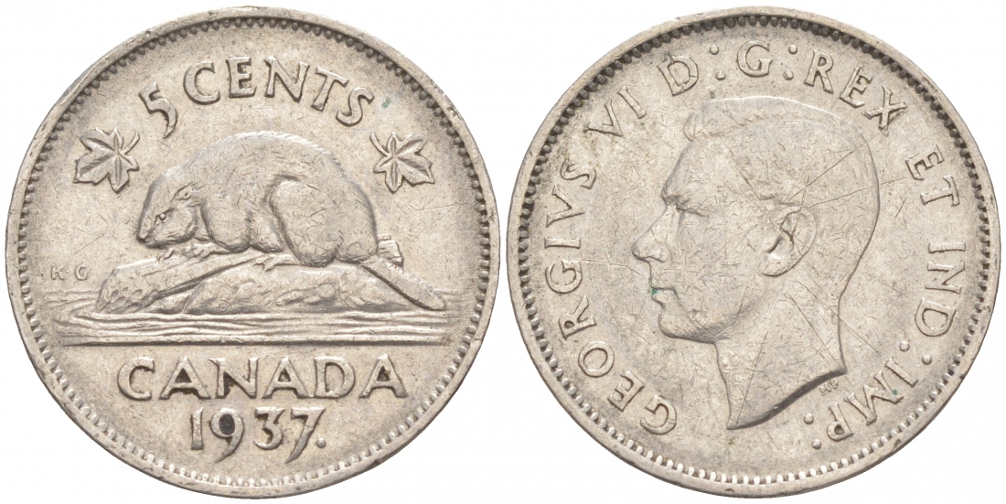 Канада 5 центов 1937 бобр Dot, Георг VI (1936-1952) KM 33 никель    73-1121