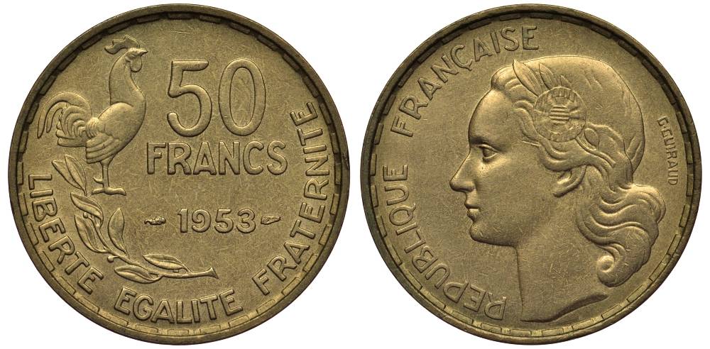 ФРАНЦИЯ 50 ФРАНКОВ 1953 ПЕТУХ KM 918.1, LE FRANC 425.10 алюминиевая бронза 27-843