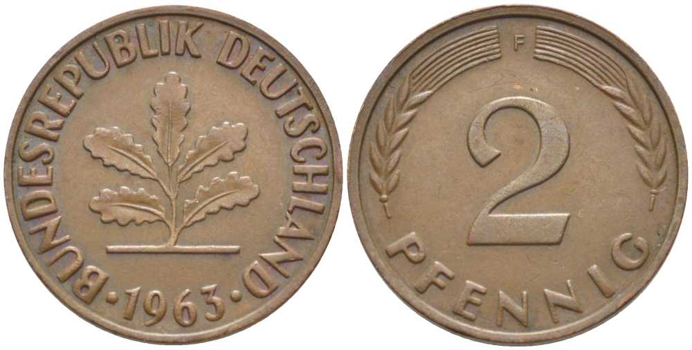 ФРГ 2 ПФЕННИГА 1963 F KM 106, J. 381 бронза 116-319