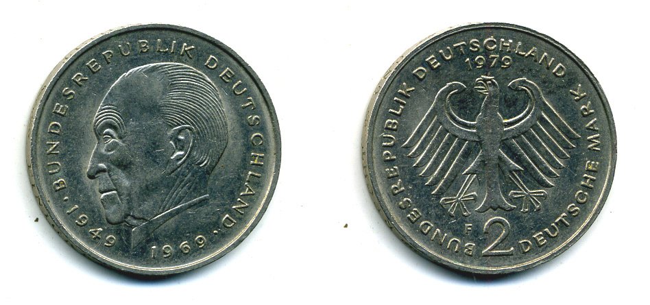ФРГ 2 МАРКИ 1979 F, КОНРАД АДЕНАУЭР KM 124, J. 406 медно-никель плакированный никелем 29-1223