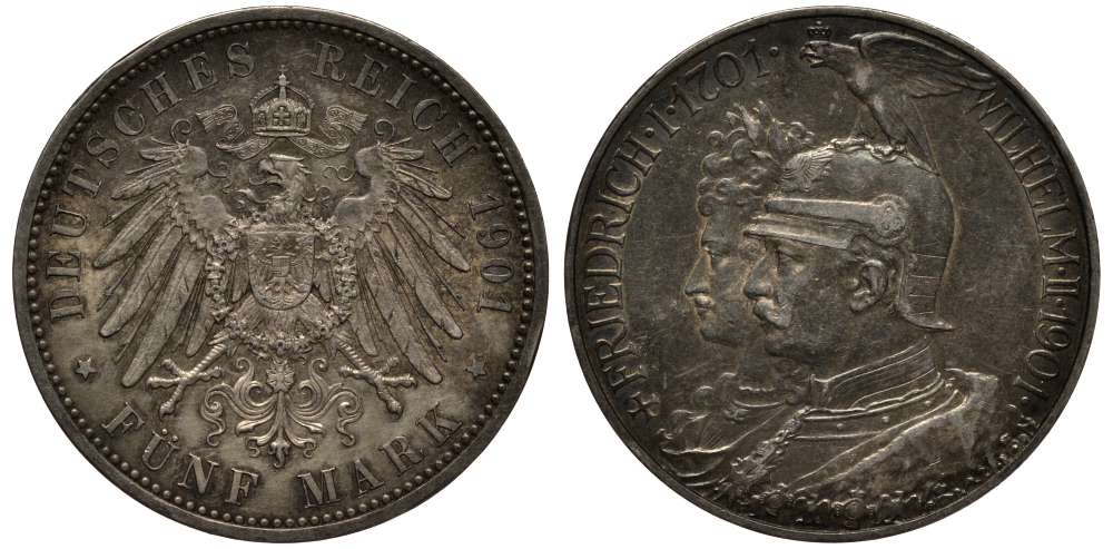 Пруссия 5 марок 1901 A, 200 лет Прусской королевской династии (Фридрих I - Вильгельм II) KM 526, J.106 серебро aUNC 3711-334