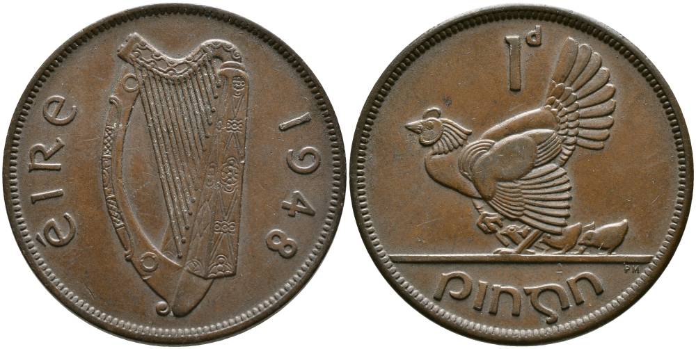 ИРЛАНДИЯ 1 ПЕННИ 1948 КУРИЦА С ЦЫПЛЯТАМИ KM 11 бронза 4531-646