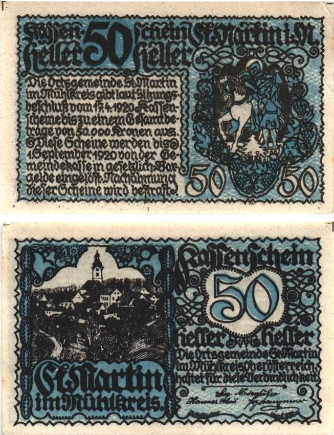 АВСТРИЯ 50 ГЕЛЛЕРОВ 1920 НОТГЕЛЬД, 17 АПРЕЛЯ 1920 - 1 СЕНТЯБРЯ 1920, СВЯТОЙ МАРТИН ИСПОВЕДНИК бумага 8608-5-1-1