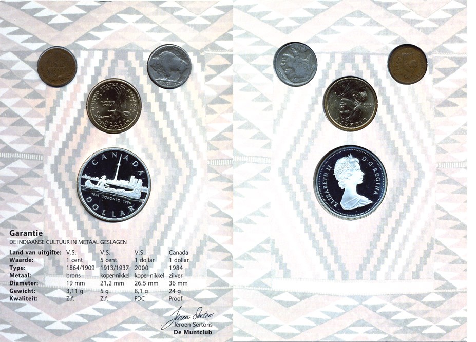 США, Канада набор из 4 монет 1906-2000 Индейцы Америки 1 цент 1906, 5 центов 1937 бизон, 1 доллар 2000 D индианка, Канада 1 доллар 1984 150 лет Торонто, каноэ, буклет KM 90а, 134, 310, 140 7-6-1-29