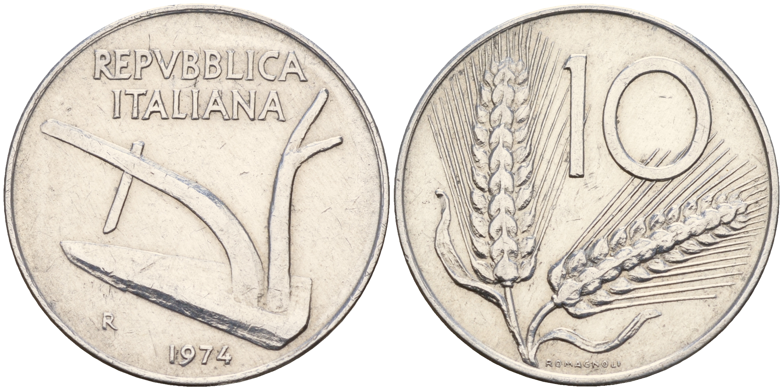 Италия 10 лир 1974 R, плуг KM 93 алюминий    4595-343