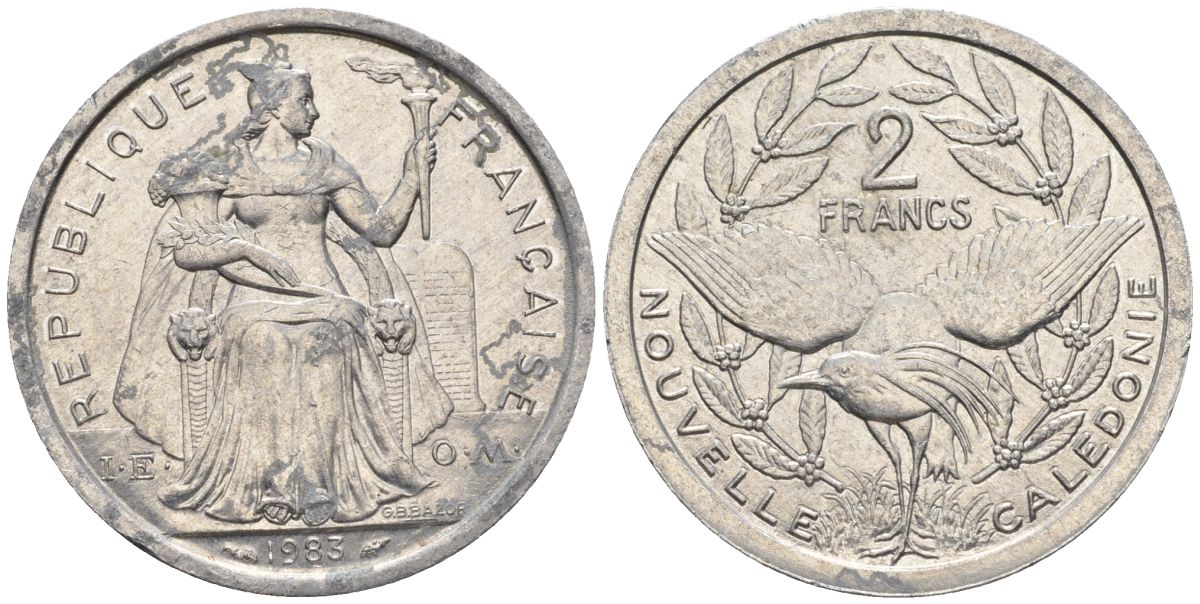 Французская Новая Каледония 2 франка 1983 птица кагу, (IEOM) KM 14, Schoen 11, Lec 63 алюминий    27-1013