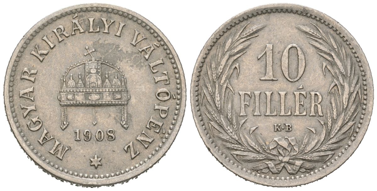Венгрия 10 филлеров 1908 KB, Франц Иосиф I (1848-1916) KM 482 никель 4147-768
