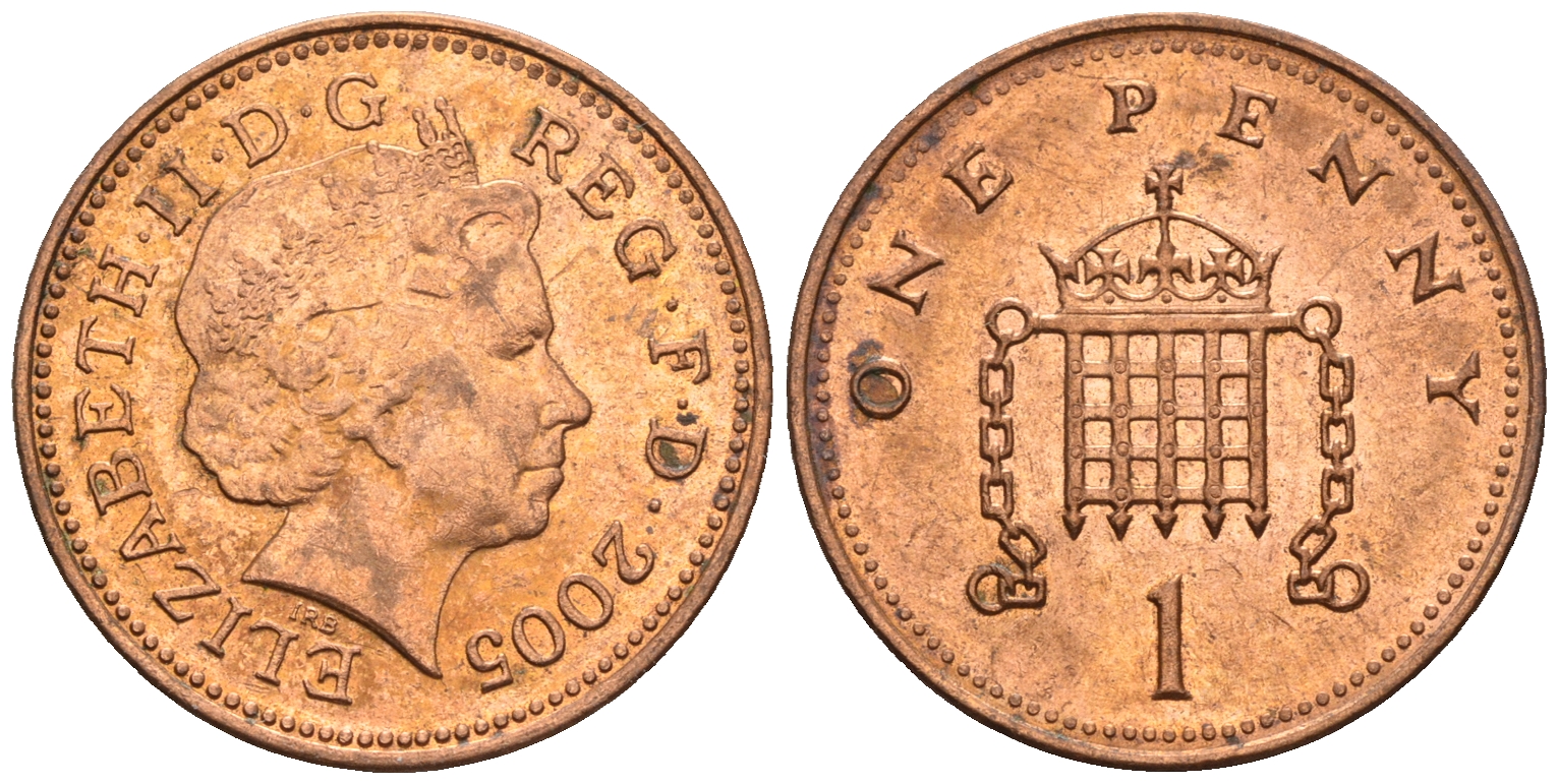 Великобритания 1 пенни 2005 Елизавета II (1952-2022) KM 986, Spink 4710 (B5) сталь плакированная медью 4609-625