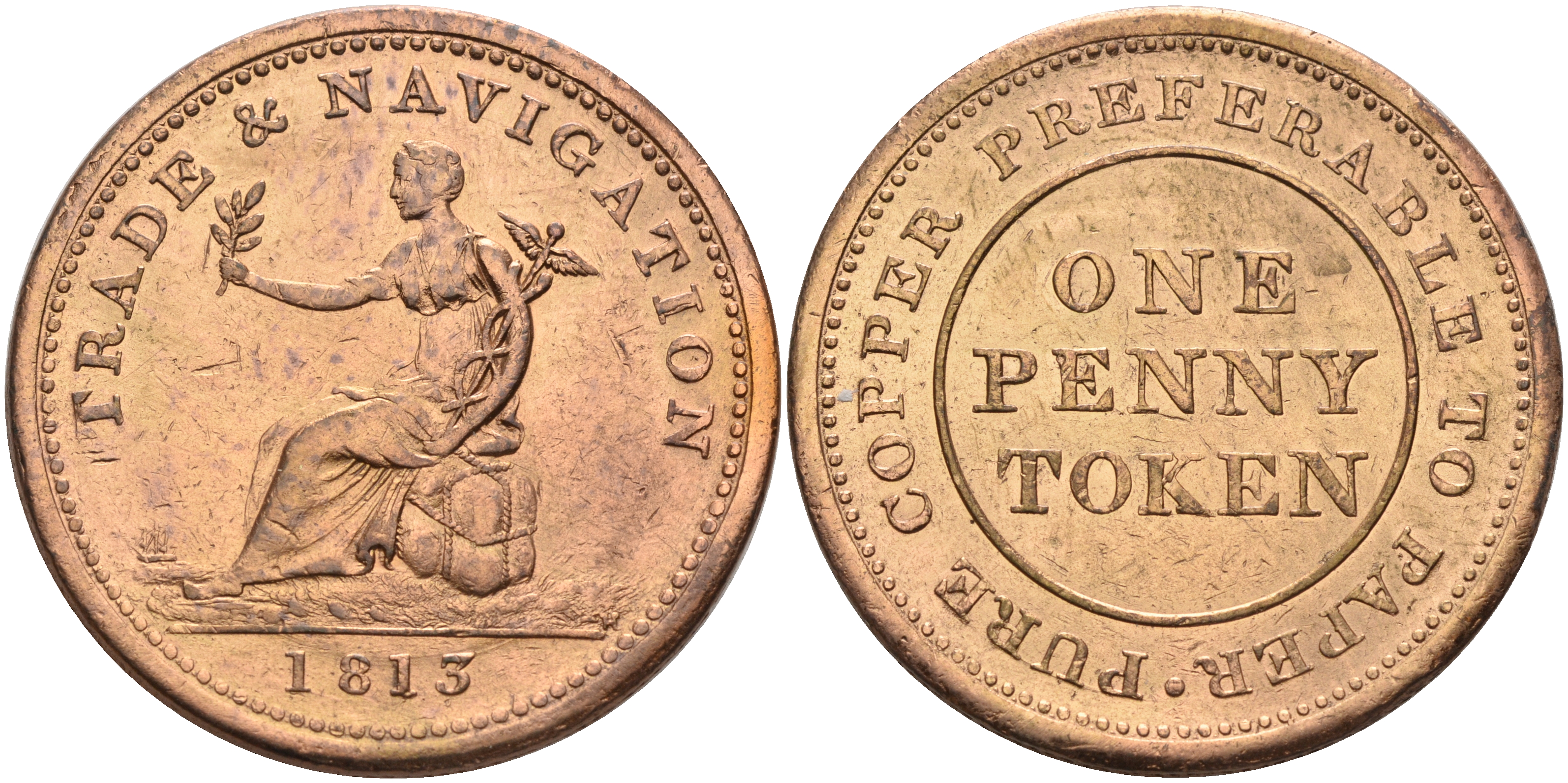 Канада 1 пенни 1813 Trade & navigation, токен  медь 00-00