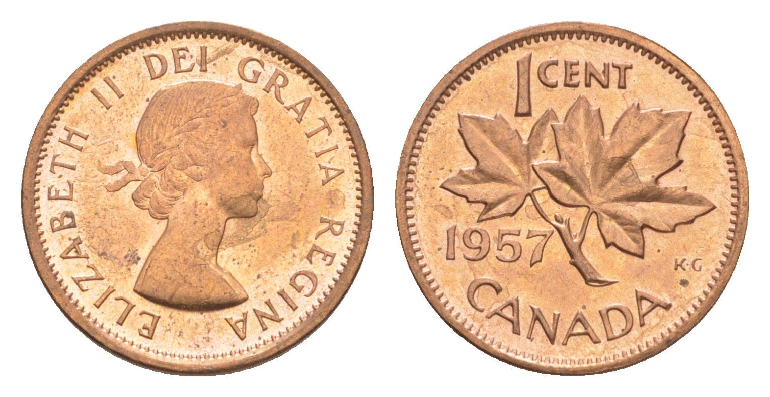 Канада 1 цент 1957 Елизавета II (1952-2022), кленовый лист KM 49 бронза UNC 4630-533