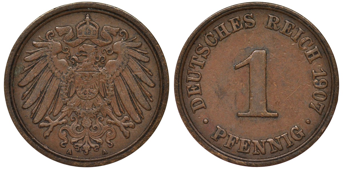 Германия 1 пфенниг 1907 A KM 10, Jaeger 10 медь 4164-155