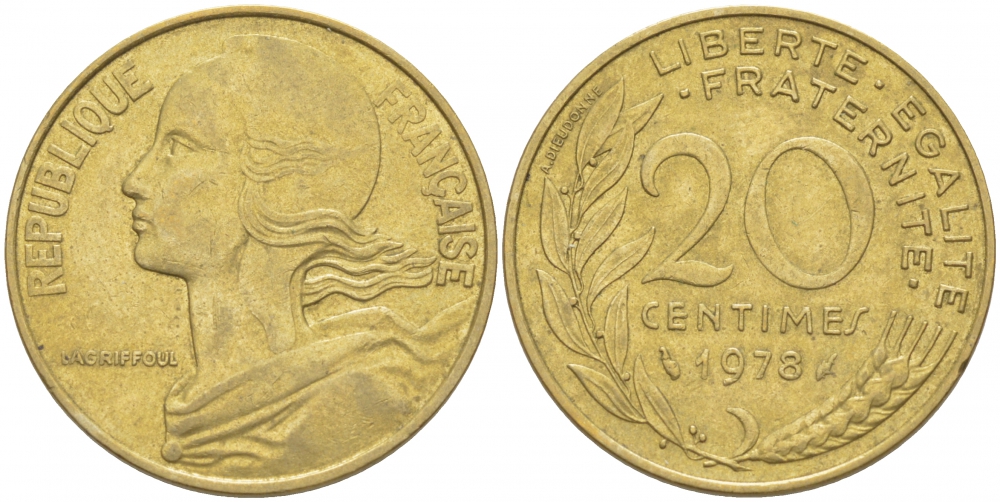 ФРАНЦИЯ 20 САНТИМОВ 1978 KM 930 медь алюминий никель 4402-957