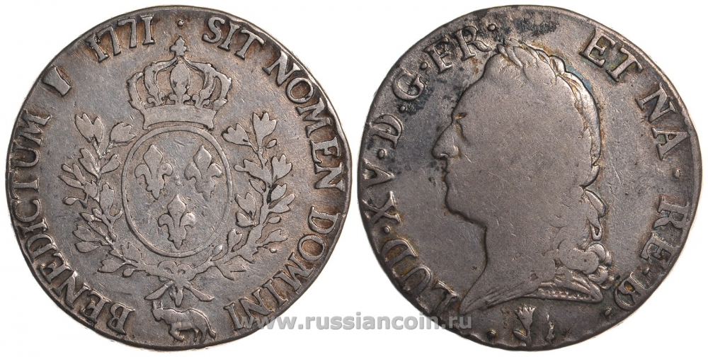 Франция 1 экю 1771 корова, Людовик XV KM 518, Dav. A 1331 серебро 00-806-59