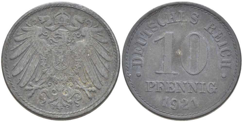 ГЕРМАНИЯ 10 ПФЕННИГОВ 1921 (1917-1922) KM 26, J. 299, Weege 8 цинк 210-246