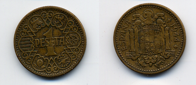 ИСПАНИЯ 1 ПЕСЕТА 1944 НАЦИОНАЛЬНОЕ ПРАВИТЕЛЬСТВО (1939-1947) KM 767 алюминиевая бронза 4384-1222