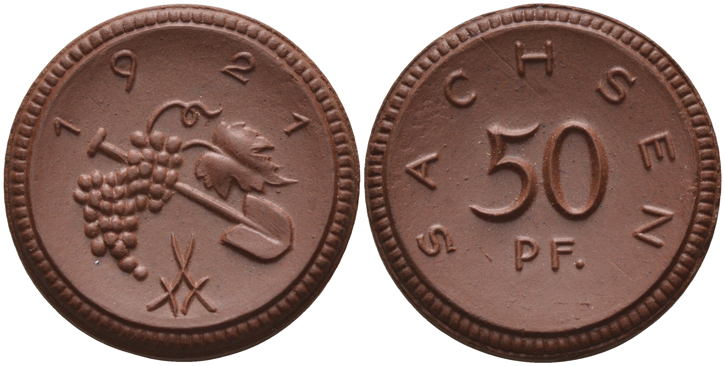 Саксония 50 пфеннигов 1921 виноград и лопата J. N 54 фарфор 1094-5-23