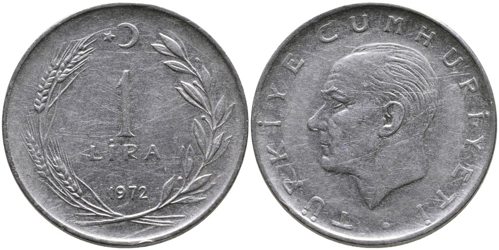 Турция 1 лира 1972 Мустафа Кемаль Ататюрк KM 889а.2 нержавеющая сталь 4364-4014