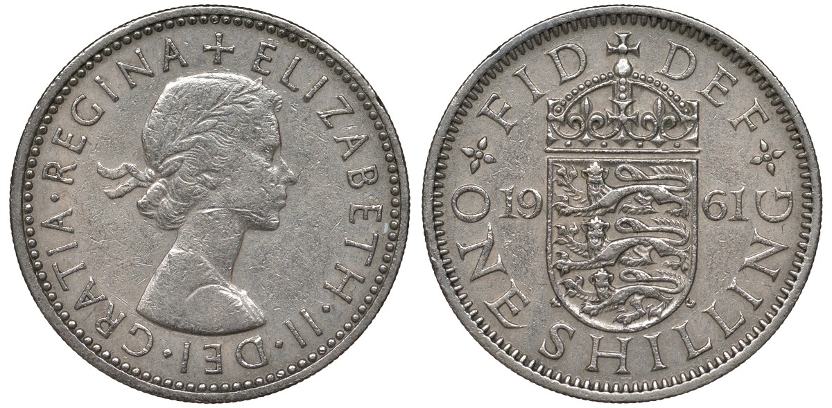 Великобритания 1 шиллинг 1961 Елизавета II (1952-2022), Английский герб KM 904, Spink 4147 медно-никель 4122-1042