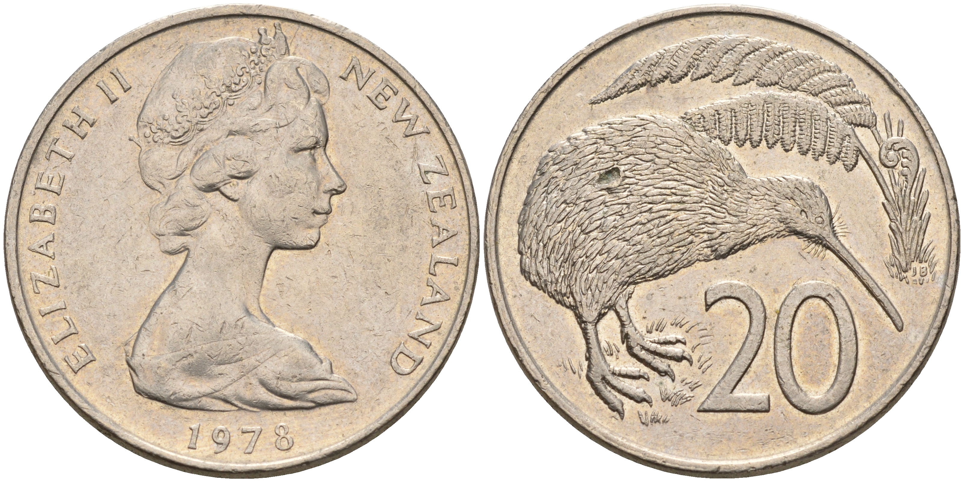 Новая Зеландия 20 центов 1978 Елизавета II (1952-2022), птичка киви KM 36.1 медно-никель 4599-1041