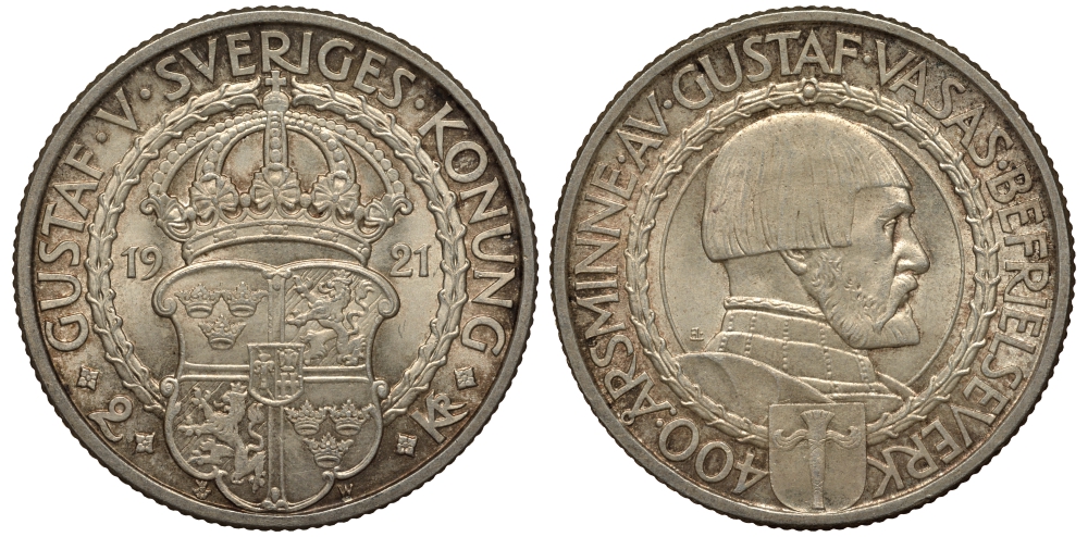 Швеция 2 кроны 1921 W, Густав V (1907-1950), 400 лет политических свобод KM 799 серебро 1527-712