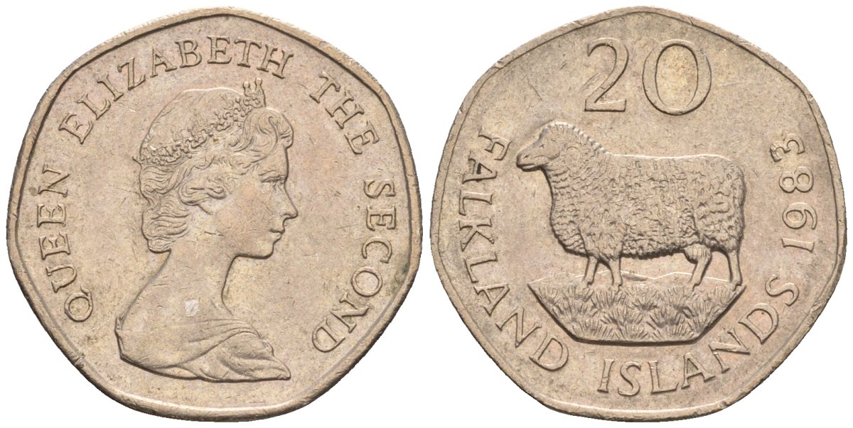 Фолклендские острова 20 пенсов 1983 Елизавета II (1952-2022), овца Ромни-марш KM 17 медно-никель 87-137