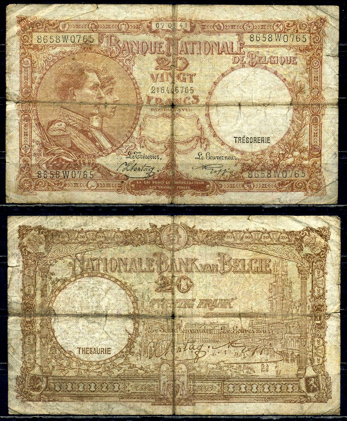 Бельгия 20 франков 1941 07.08.1941, Король Альберт I и его жена Королева Елизавета, Гран-Плас / Гроте Маркт, Брюссель Pick 111 (2) бумага 6301-28-3-1