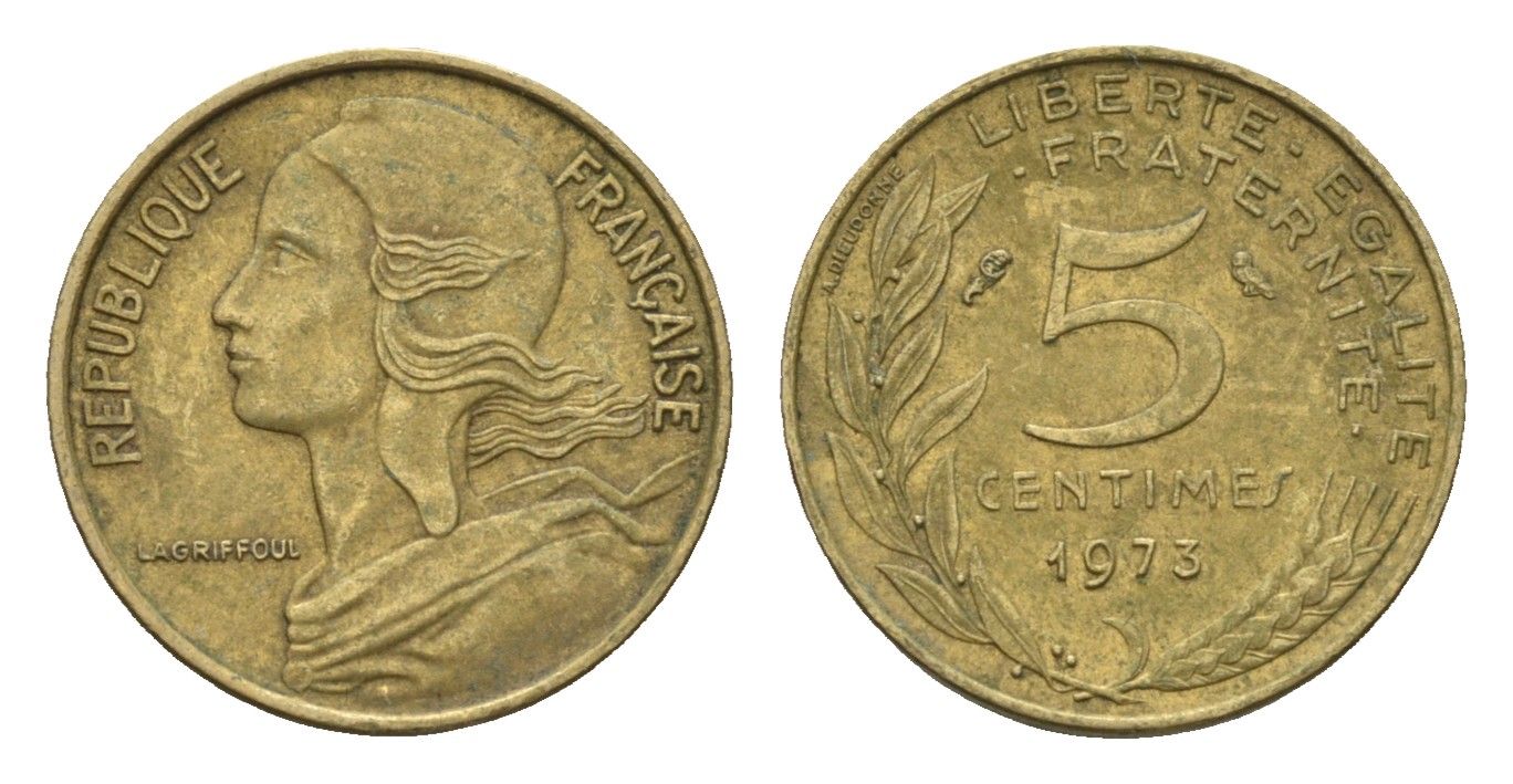 Франция 5 сантимов 1973 KM 933 алюминиевая бронза 4674-554
