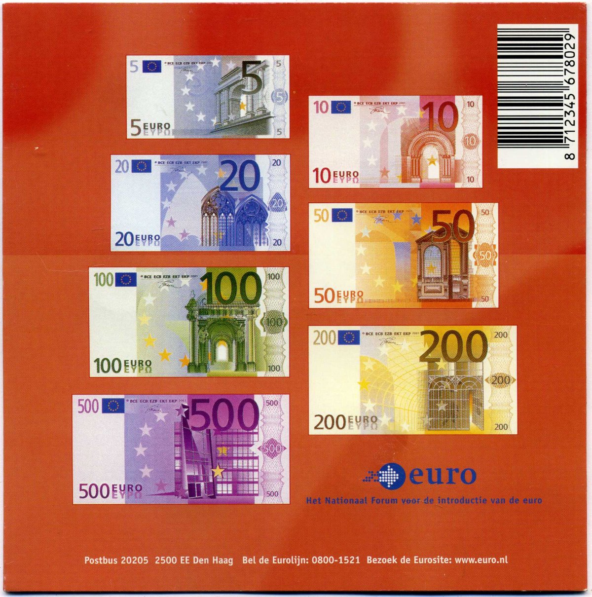 Нидерланды евронабор из 8 монет 1999-2001 официальный выпуск, в картонном буклете, с описанием биметалл UNC 7-3-1-03