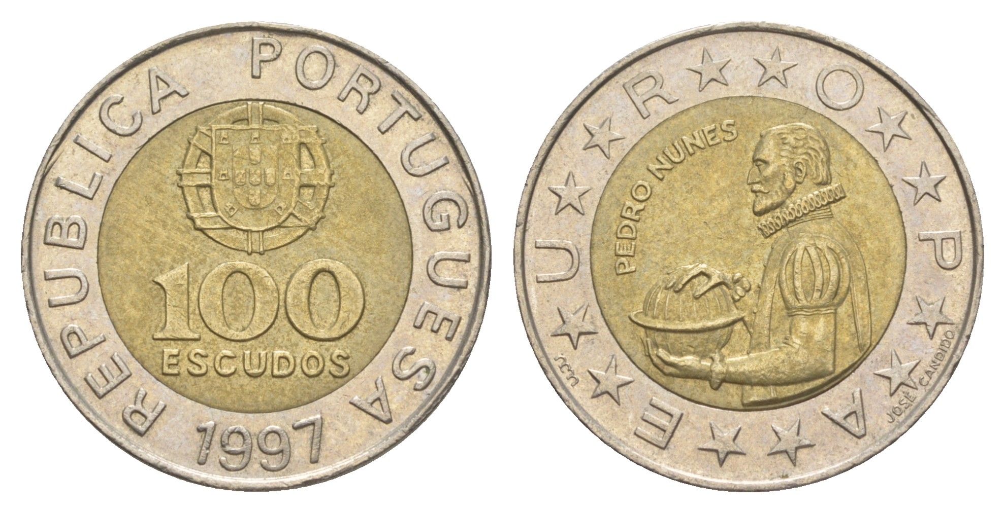 Португалия 100 эскудо 1997 Педру Нуниш (1502-1578), математик KM 645 биметалл 4391-217