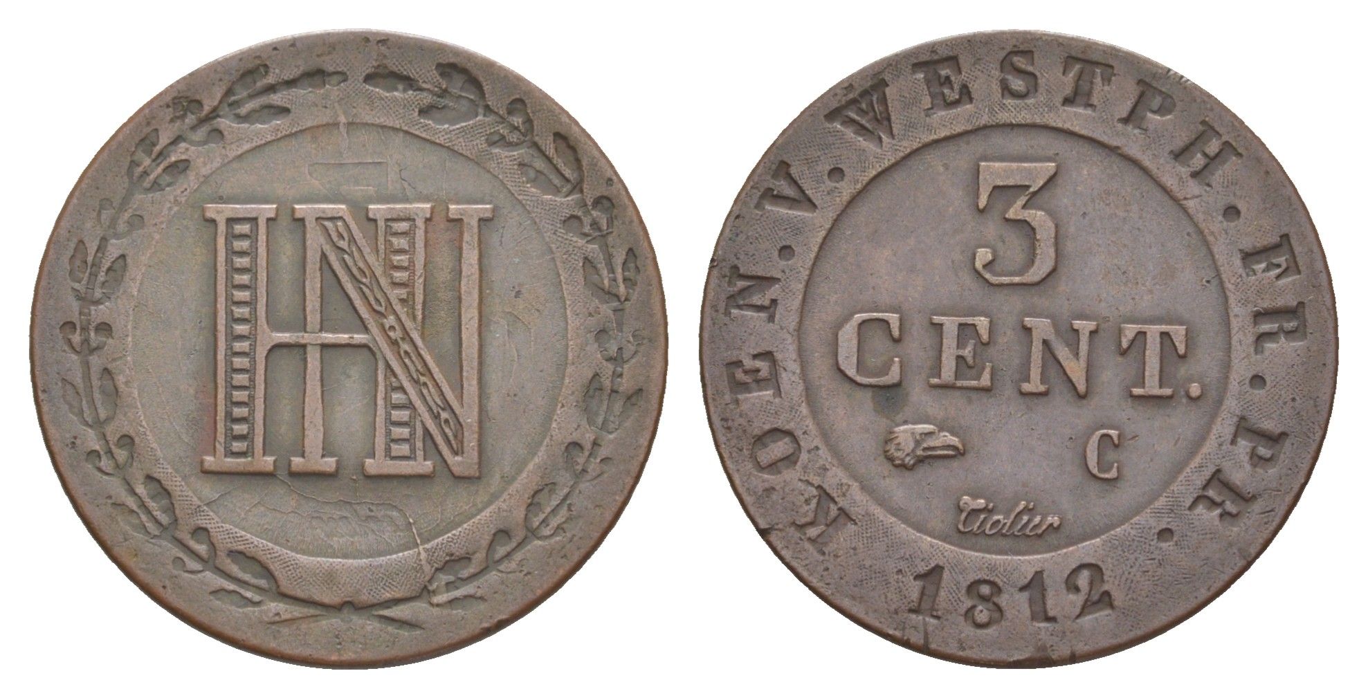 Вестфалия 3 сантима 1812 C, Жером Бонапарт (1807-1813), из коллекции Ричарда Б. Смита Smith 297, KM 93, ASK 41 медь 1525-1115