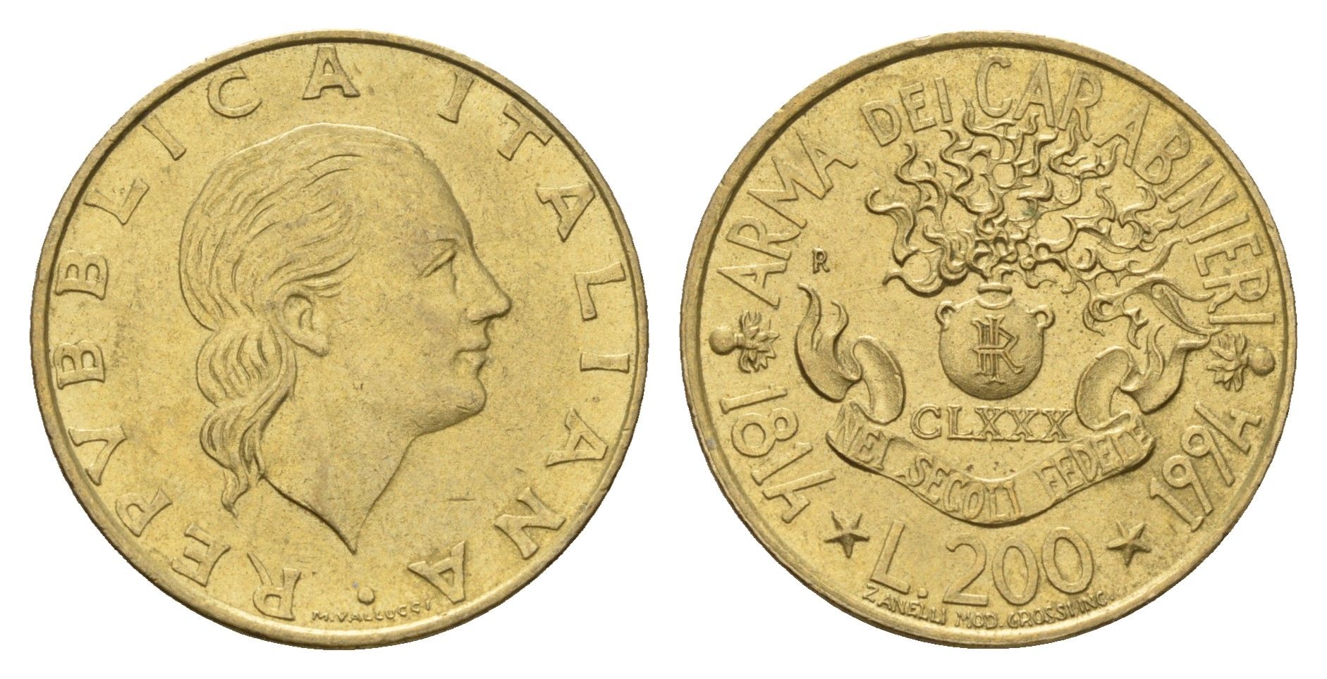 Италия 200 лир 1994 180 лет карабинерам KM 164 алюминиевая бронза UNC 4675-136